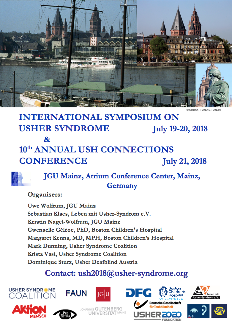 Flyer for the International Usher syndrome symposium. Organizers: Uwe Wolfrom, Gwen Geleoc, Margaret, Kenna, Mark Dunning, Sebastian Klaes, Kerstin Nagel-Wolfrum, Krista Vasi and Dominique Sturz. Logos of organization affiliations