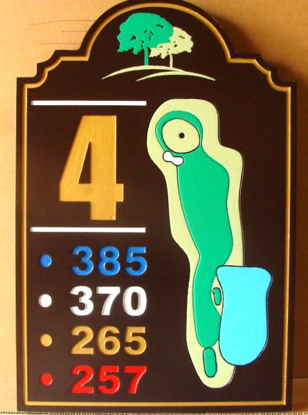 E14413 – Carved Redwood Golf Tee Sign (4th hole) for Country Club, with Fairway Map