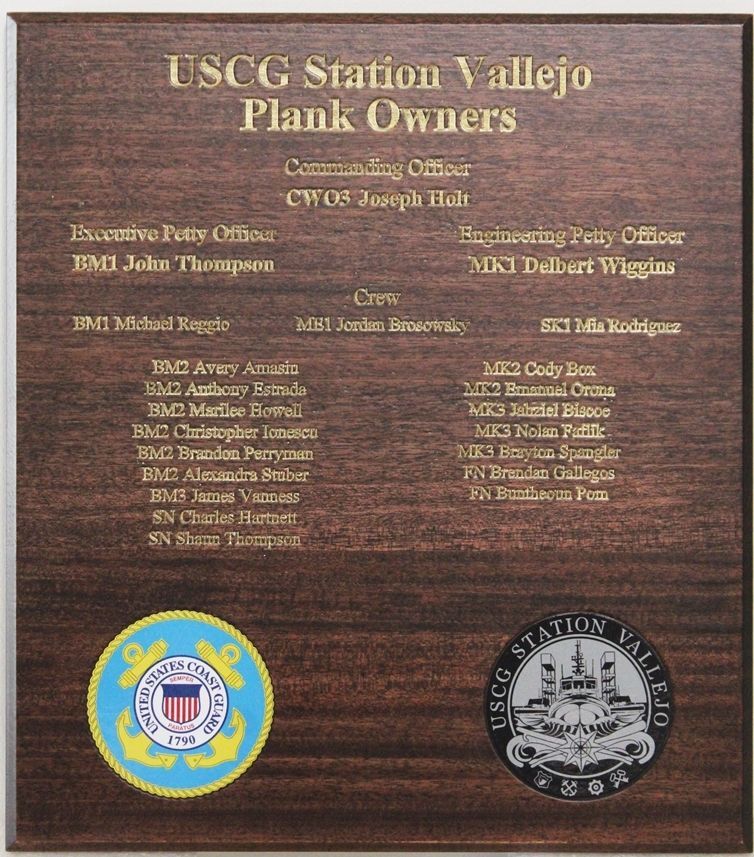 SB1146 - Engraved Mahogany Plank Owners Board, US Coast Guard Station Vallejo