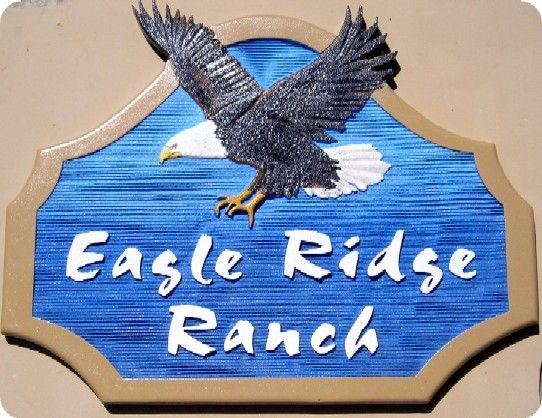 O24622 - Carved 3-D Sign for Eagle Hill Ranch with Sky and Flying Eagle as Artwork