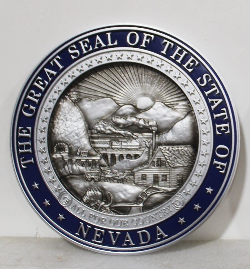 BP-143331A - Carved 3-D Bas-Relief Aluminum-Plated HDU Plaque of the Great Seal of the State of Nevada with Hand-rubbed Art and a  Dark Blue Border