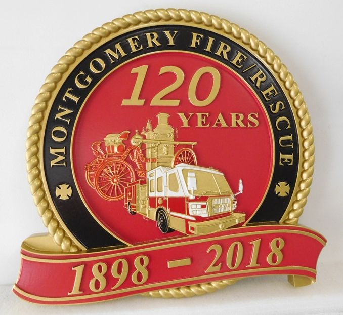 QP-3036 - Carved Wall Plaque of  the Commemorative Seal  of the  Montgomery, Alabama  Fire/ Rescue Department, Artist Painted 