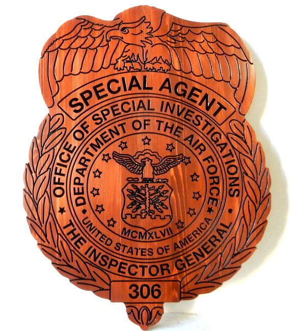 PP-1596- Engraved Wall Plaque of a Special Agent Badge, Dept. of the Air Force Inspector General,  Cedar Wood
