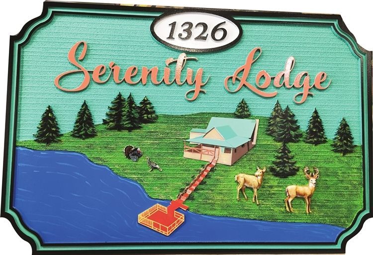 M22366 - Carved 2.5-D Relief and Sandblasted Wood Grain HDU Sign for Serenity Lodge, with a Scene of a Lodge and Dock on a Lake as Artwork.