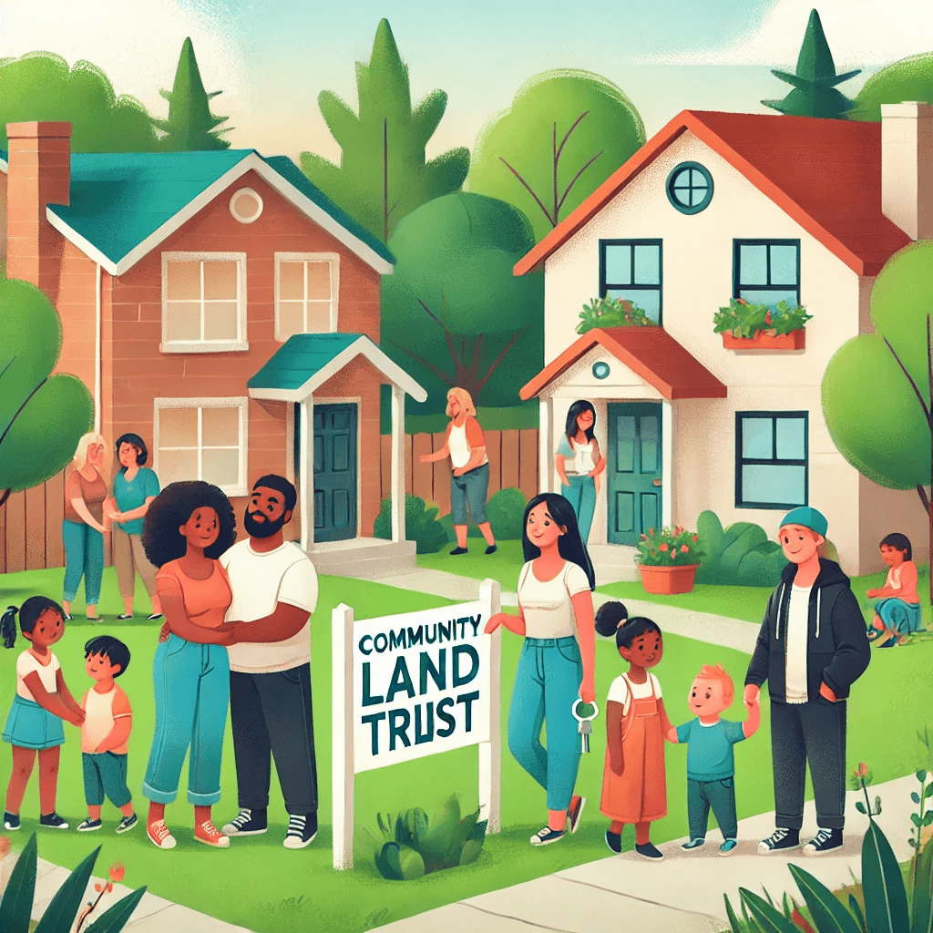 A vibrant graphic depicting families joyfully interacting within a community land trust. Surrounded by beautiful homes and lush greenery, the image illustrates the positive impact of community land trusts.