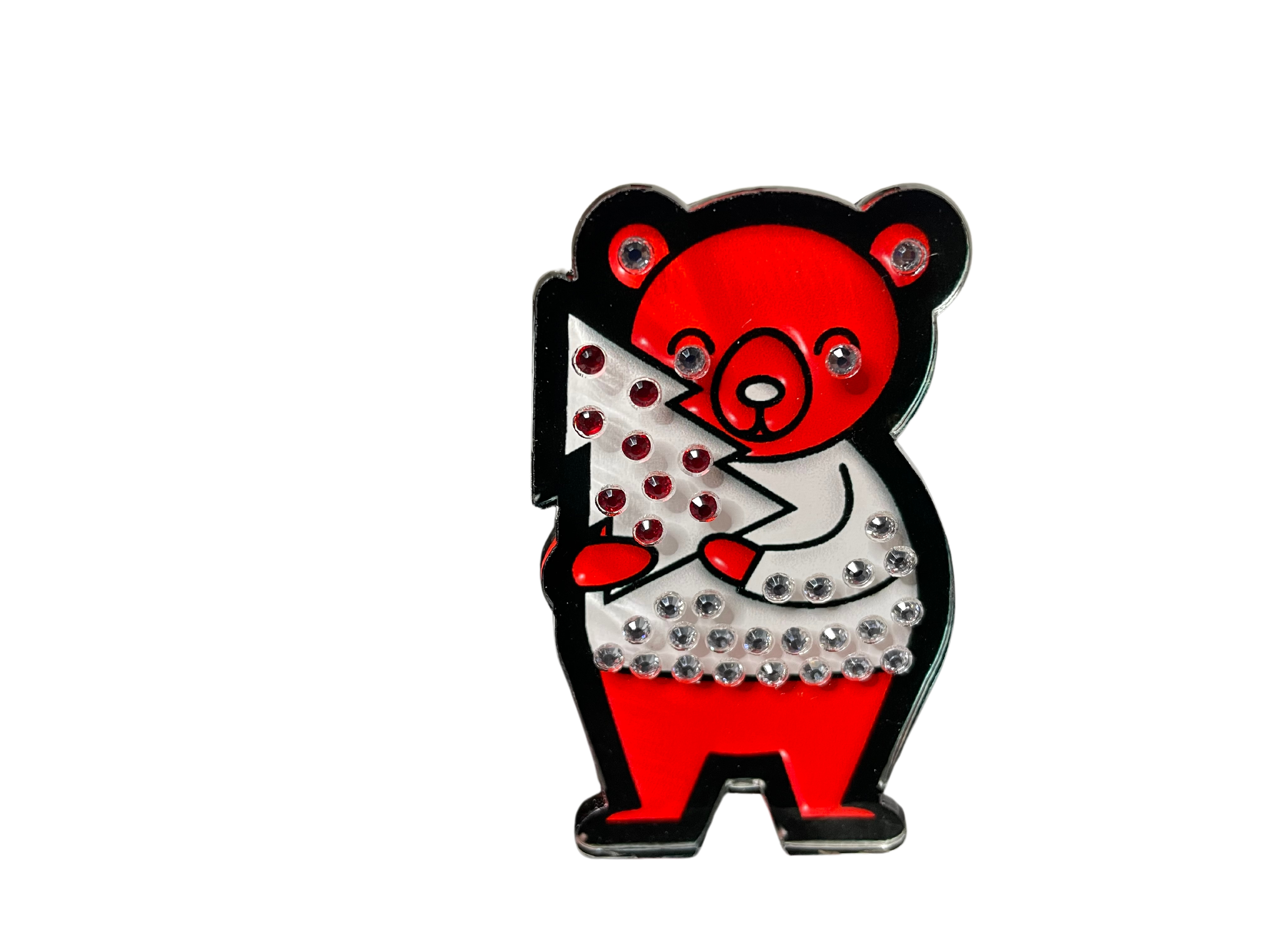 Rhinestone Red Bear with Holiday Tree Acrylic Pin