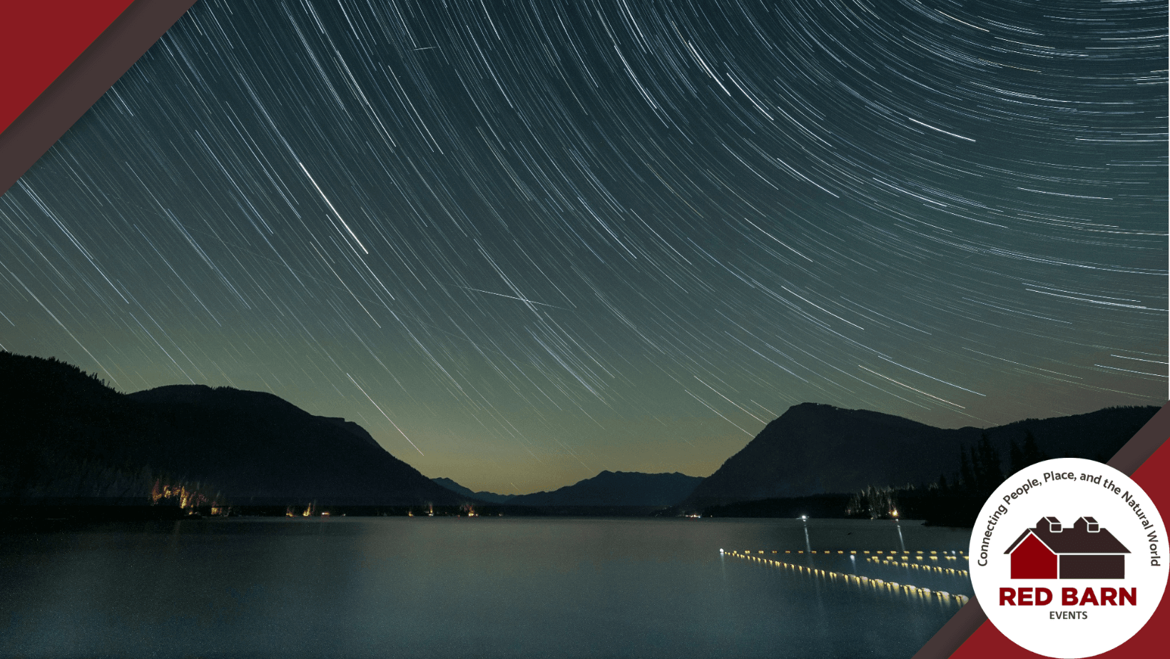 The image shows a lake with star trails.