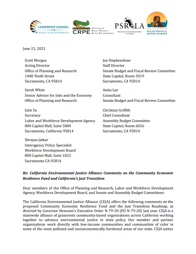 California Environmental Justice Alliance Comments on the Community Economic Resilience Fund and California’s Just Transition