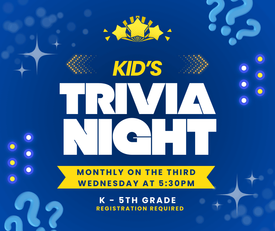 White lettering announcing Kid's Trivia Night on a blue background