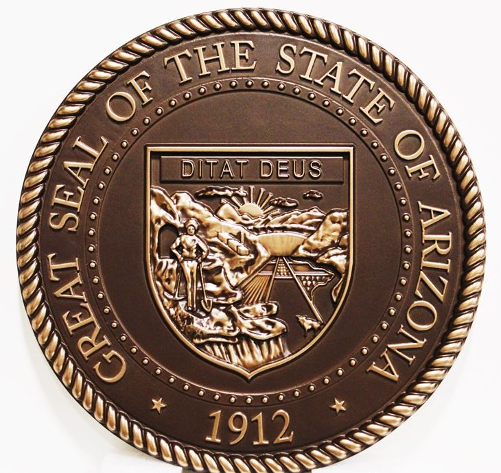 BP-1014 - Carved Plaque of the Seal of the State of Arizona, Brass Plated with Dark Bronze Background
