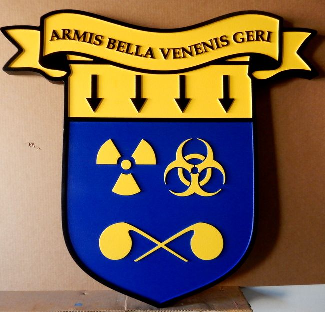 MP-2060 - Carved HDU Plaque of the Crest of the Center for Deterrence Studies, US Army, with Motto  "Armis Bella Venenis Geri" 