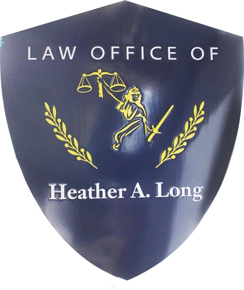 A10047- Carved and Engraved HDU Sign for "Law Office of Heather A. Long" with artwork