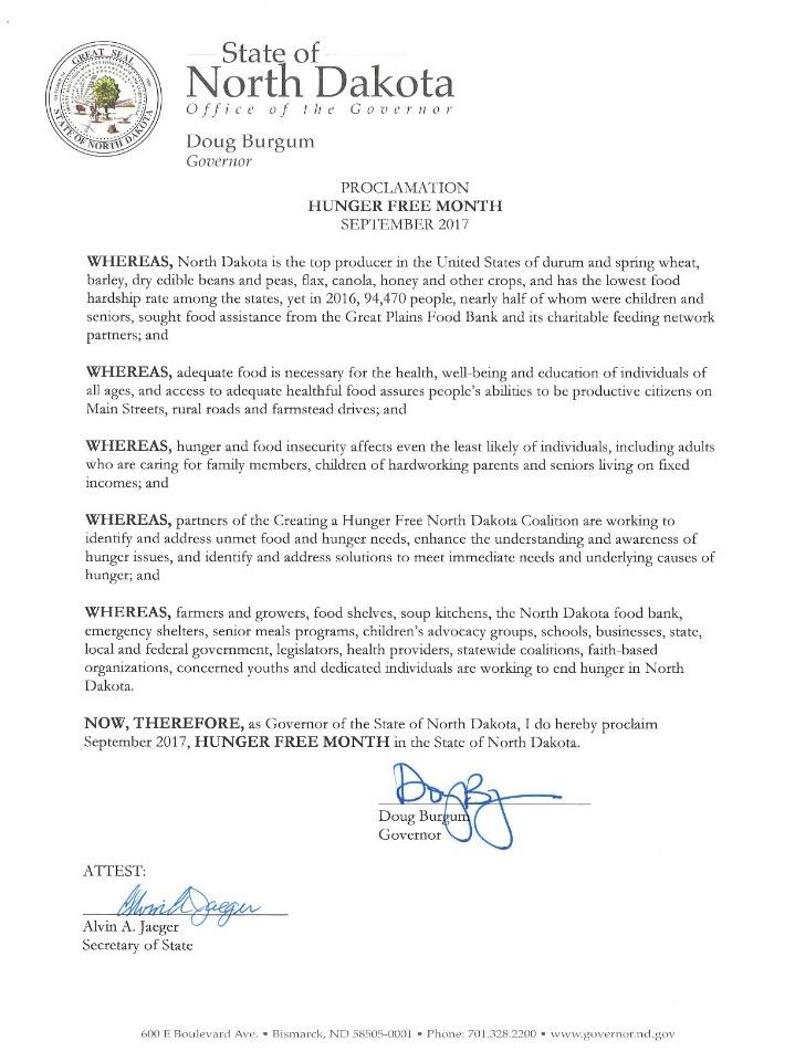 Governor Burgum officially declares September Hunger Free Month
