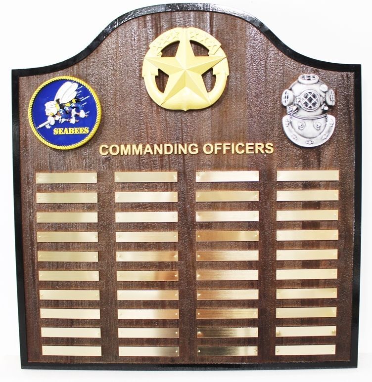 SB1015 - Carved Mahogany  Plaque Honoring the Previous Commanding Officers of a Seabees Dive Unit  