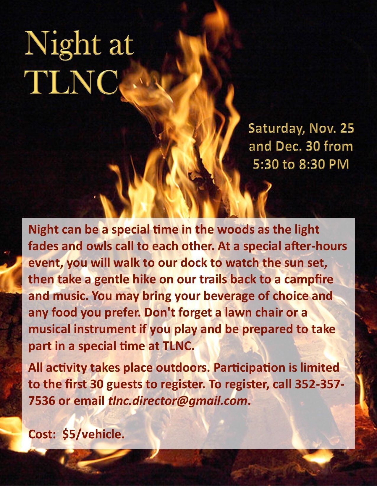 Image of a flyer with a black background with a campfire imposed on top. Text about the event, date, time, location and what it is placed over the graphics