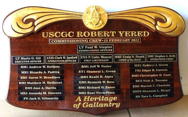 SA1065 - Commissioning Crew Plaque for Coast Guard Cutter Robert Yered, 3-D Carved Walnut with Gold-Leaf Gilded Artwork and Text 