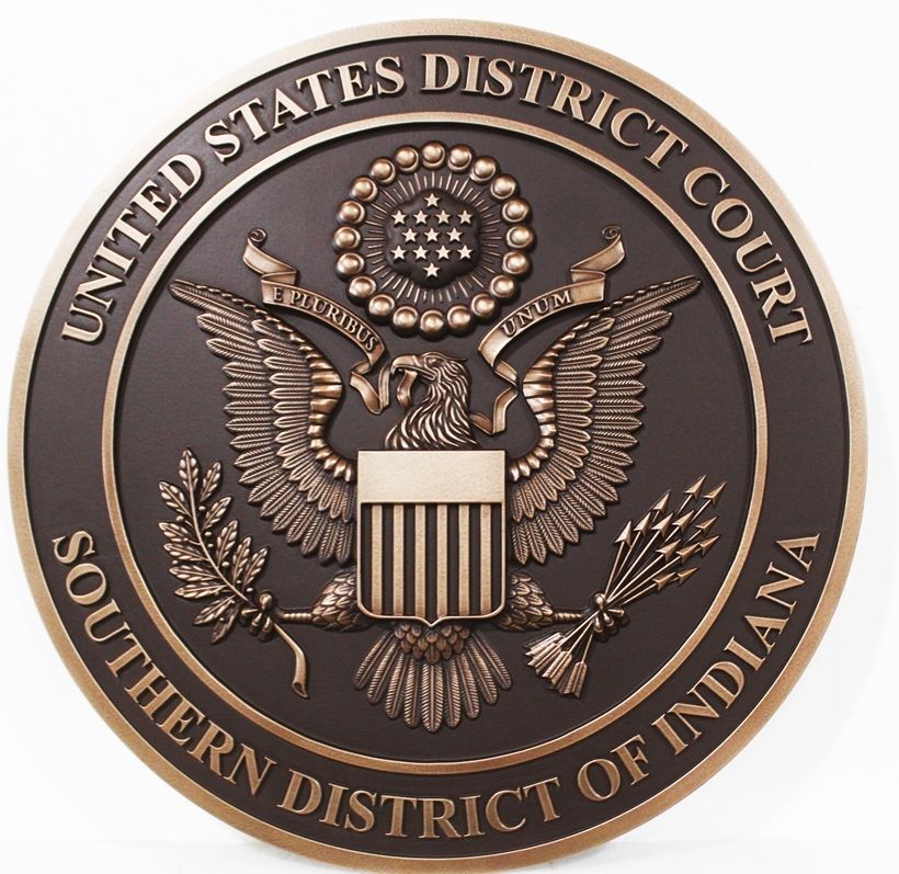 FP-1220 - Carved 3-D Bas-Relief Bronze-Plated Plaque of the Seal of the US District Court, Southern District of Indiana 