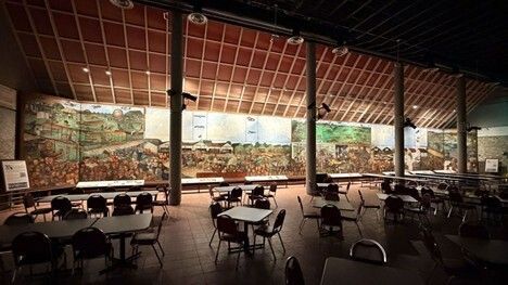 Aline Rhonie mural at the Cradle of Aviation Museum showing early aircraft and aviators from 1909 to 1927, originally painted at Roosevelt Field on Long Island.