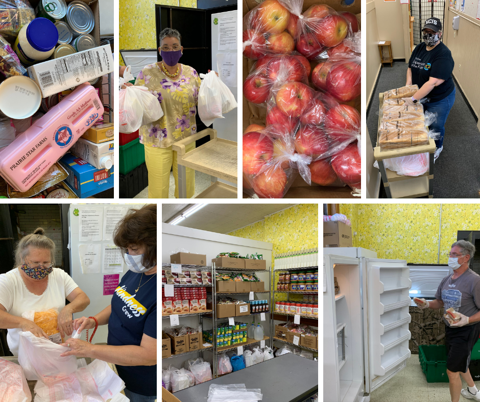 A collage showing 7 pictures of food pantry items and volunteers.