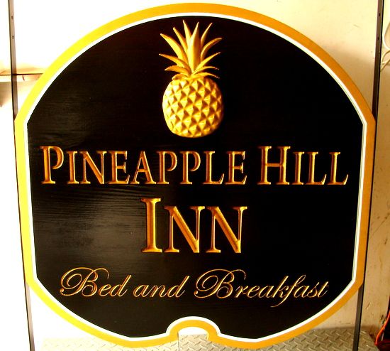 T29025A - Carved Wooden Entrance Sign for "Pineapple Hill Inn" Bed & Breakfast, with 3-D Carved, Gold-Leaf Gilded Pineapple 