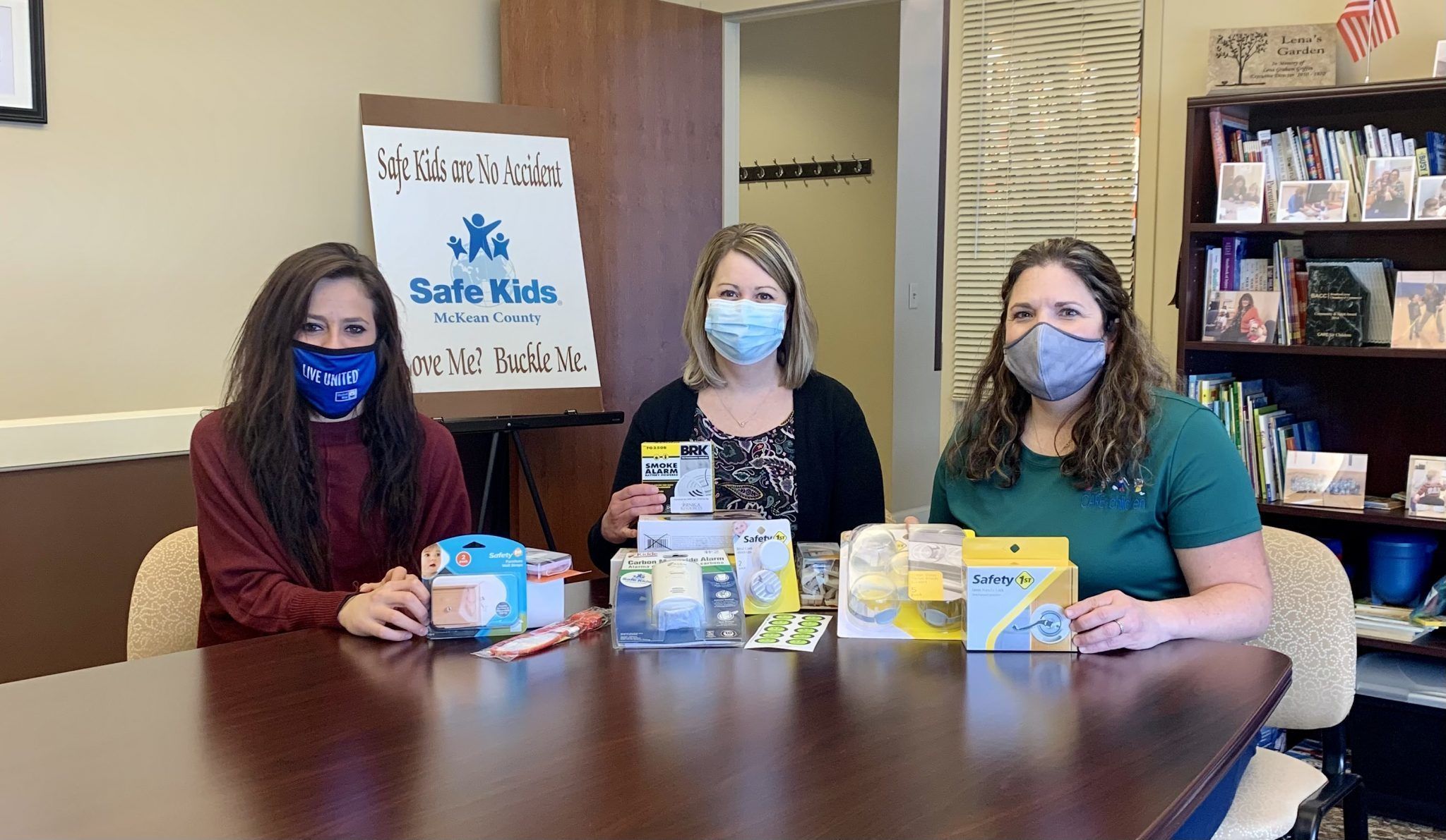 Pictured from left are Sarah Lonzi, United Way of the Bradford Area executive director, Leslie Kallenborn, CARE for Children development and marketing coordinator, and Dana Pence, PT, CARE for Children physical therapist with a display of safety items ava