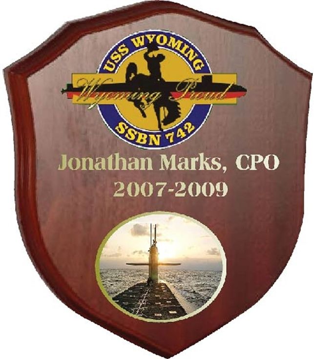 JP-2140 - Carved Shield Plaque for USS Wyoming SSBN , Giclee Prints on Mahogany Wood 