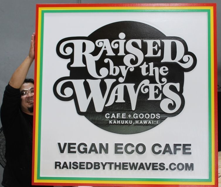 Q25583- Carved Raised Relief HDU Sign  for the "Raised by the Waves" Vegan Eco Cafe.