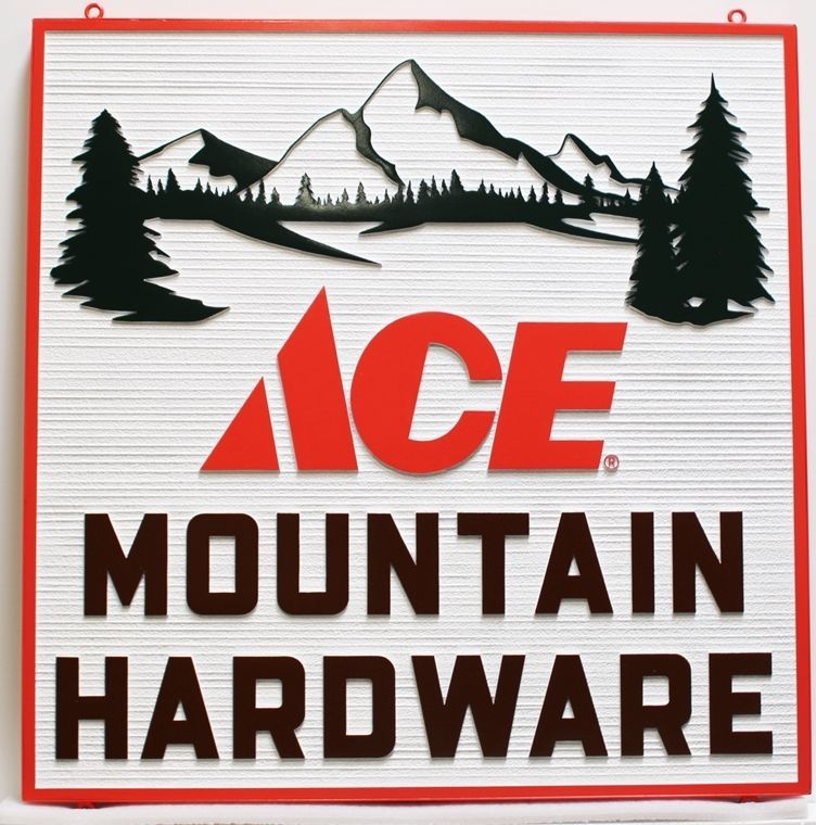  SC38410- - Carved 2.5D  and Sandblasted Wood Grain HDU  2.5-D  Sign for Ace Mountain Hardware, with Mountain Scene as Artwork 