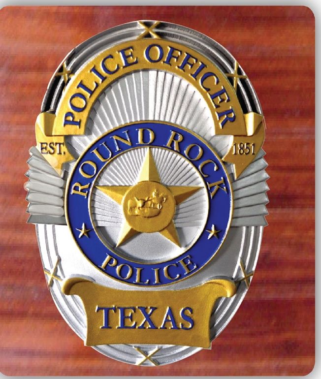 EA-2100-  Badge of Police Department of the City of Round Rock on Mahogany Plaque 