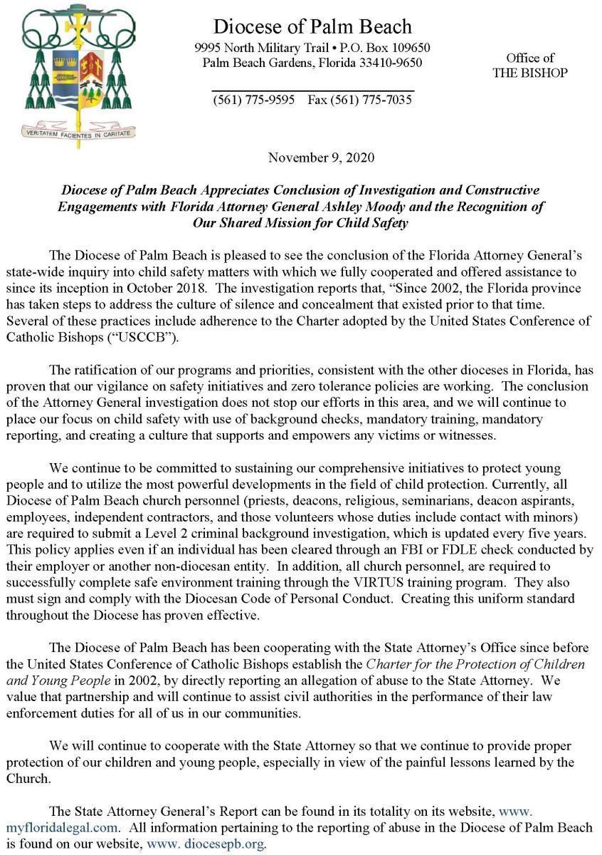 Diocese of Palm Beach Appreciates Conclusion of Investigation and Constructive Engagements with Florida Attorney General Ashley Moody and the Recognition of our Shared Mission for Child Safety