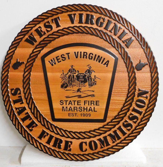 QP-3140 - Carved Wall Plaque of  the Seal/Emblem  of the West Virginia State Fire Commission,  Cedar Wood
