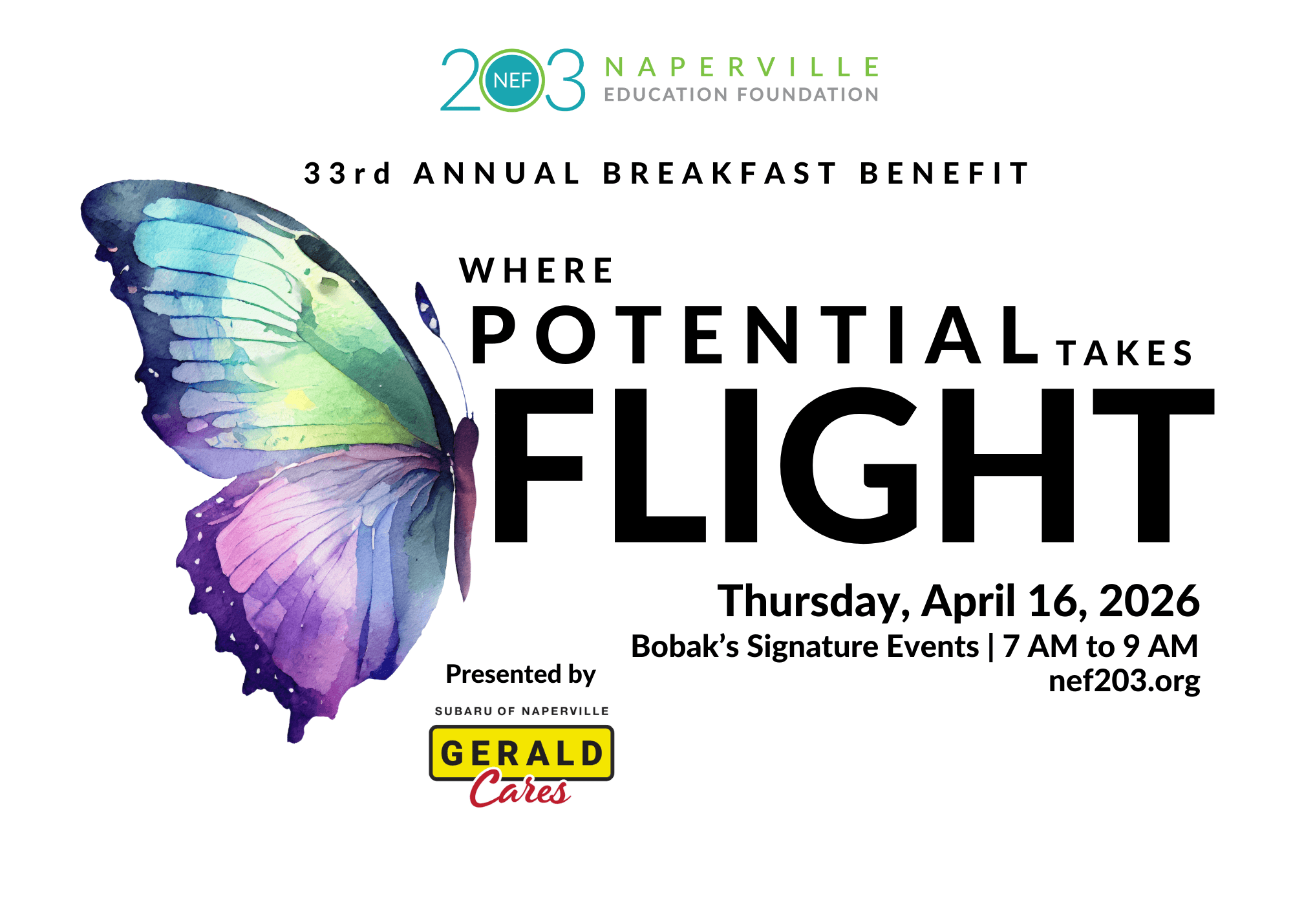 Image of a butterfly with text that reads "33rd Annual Breakfast Benefit Where Potential Takes Flight"
