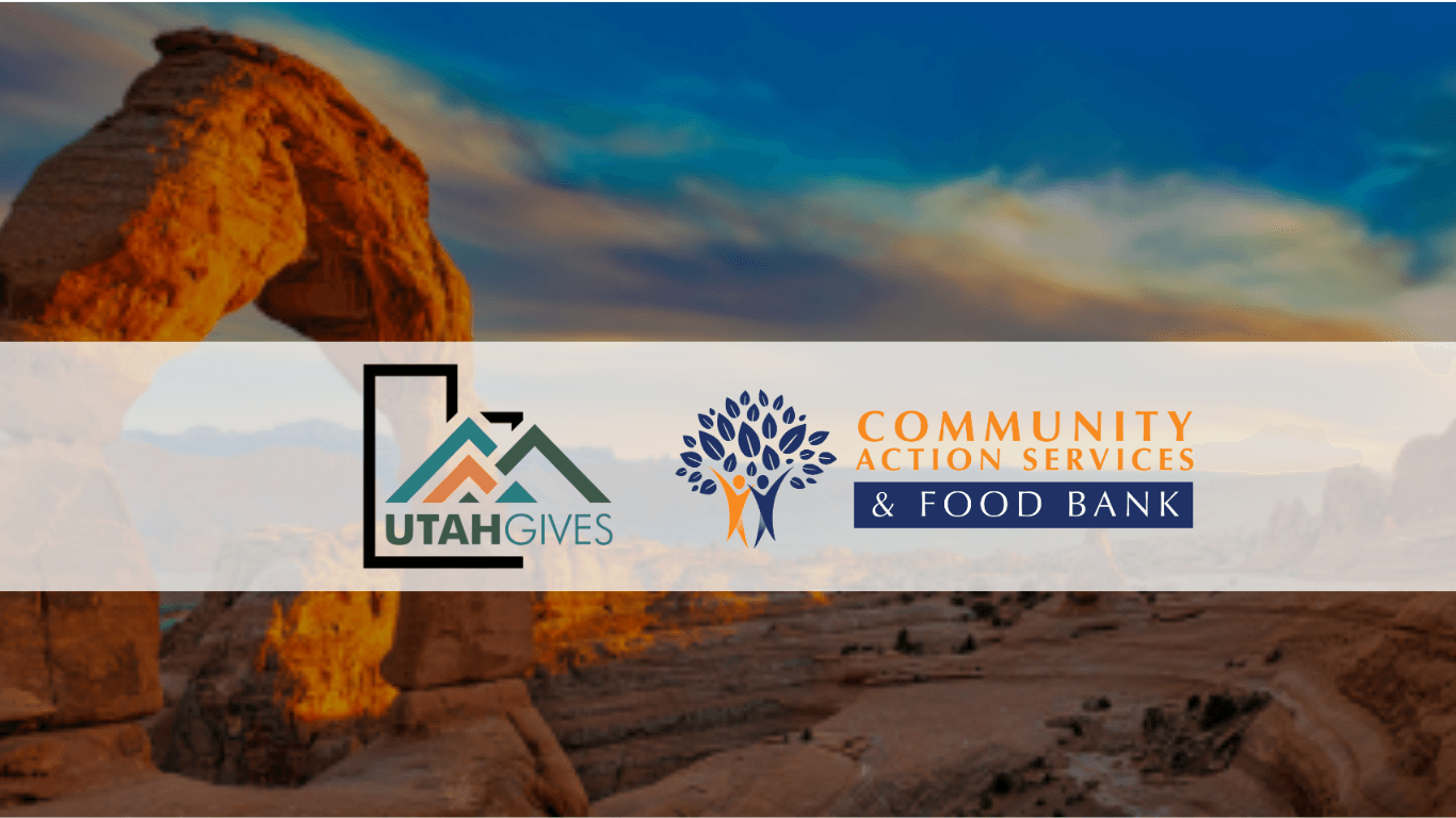 Utah Arch rock background with Utah gives black, green, blue and orange word logo and community action services and food bank orange and blue logo