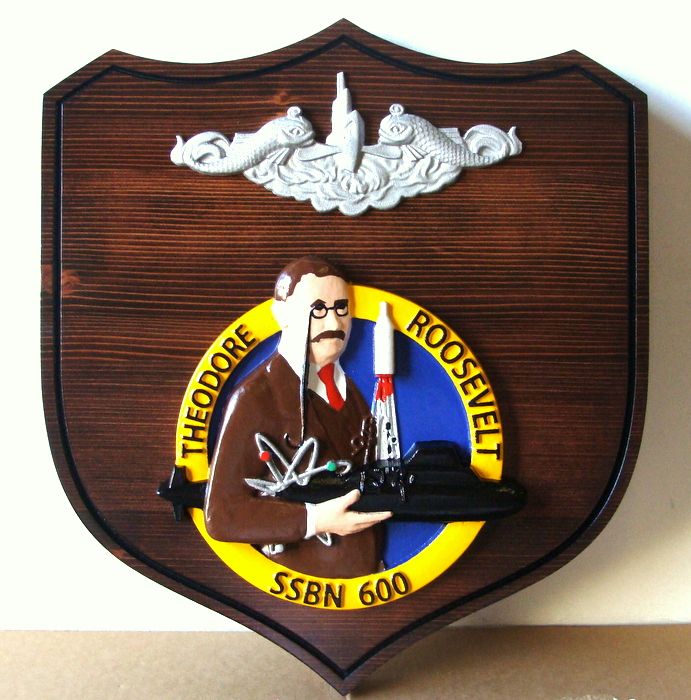 WP5160 - Shield Plaque for Submarine Theodore Roosevelt, 3-D Dark Stained Cedar