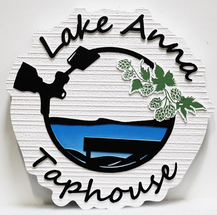 RB27703 - Carved and Sandblasted Wood Grain  HDU Sign for the "Lake Anna Taphouse" , with the Lake and a Bench as Artwork