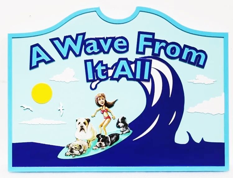 L21702 - Whimsical Carved  2.5-D Multi-level Relief  HDU  Coastal Residence Name Sign "A Wave From It All", with a Woman Surfing with Four Dogs on Her Surfboard 