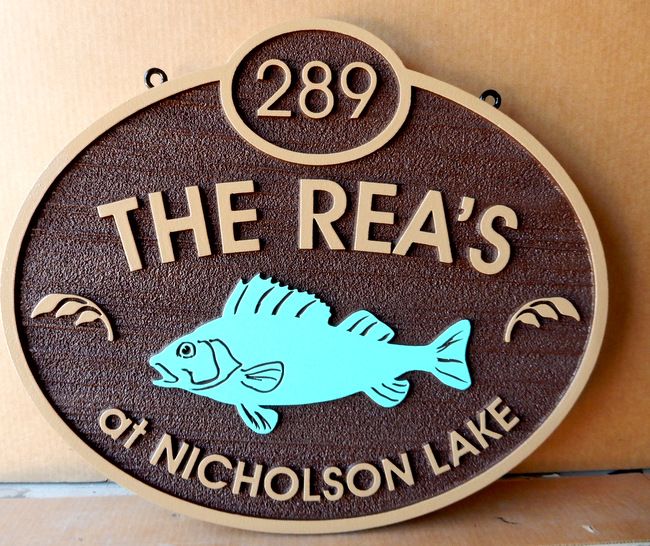 M22594 - Sandblasted HDU Address Sign for Waterfront Property with Carved Painted Trout