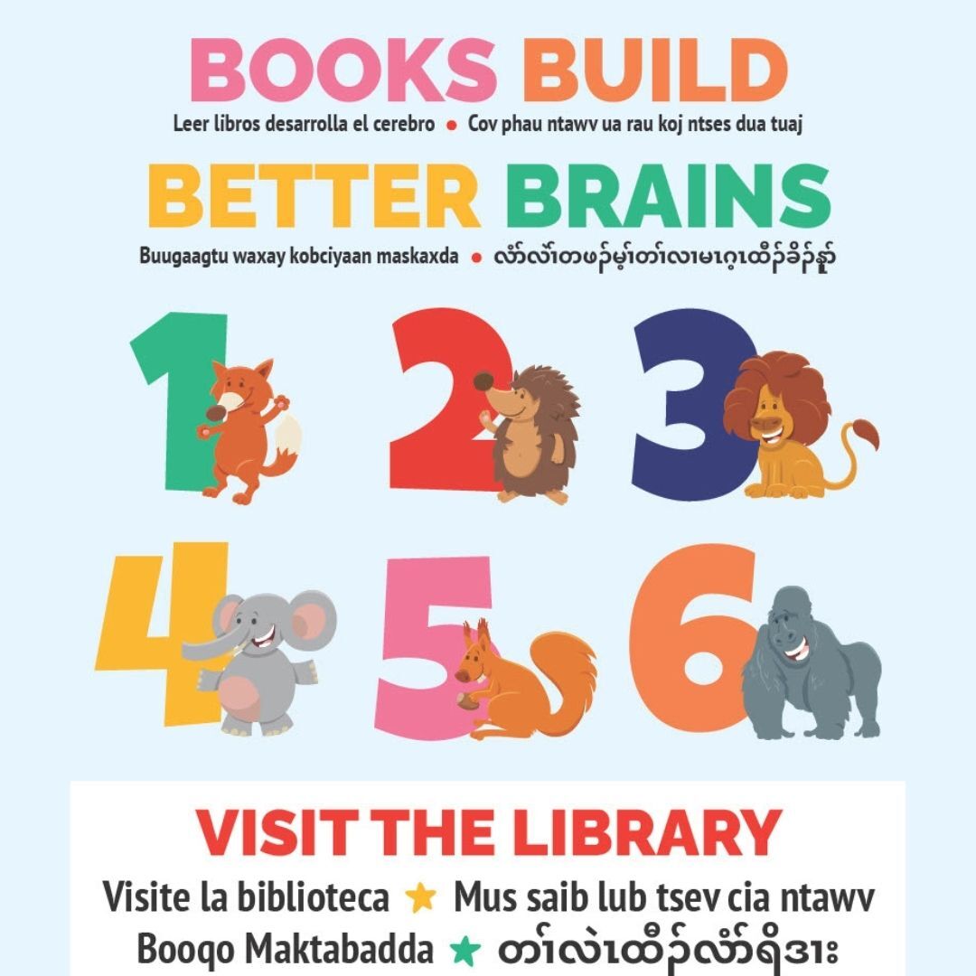 library poster with numbers and animals reading "books build better brains" and "visit the library" in multiple languages