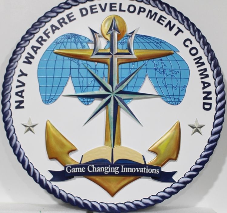 JP-2355 - Carved 3-D Bas-Relief HDU Plaque of  the  Crest of  the Naval Warfare Development Command