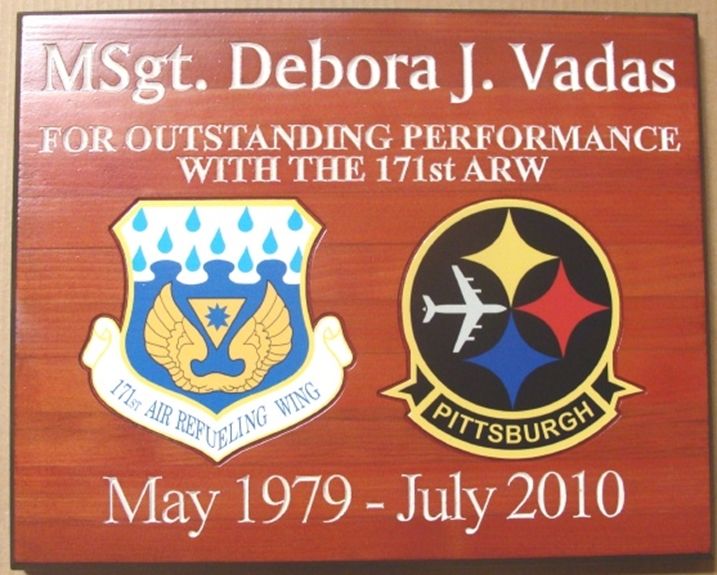 LP-9220 - Engraved  Retirement Plaque for Air Force MSGT,  Artist Painted Mahogany Wood