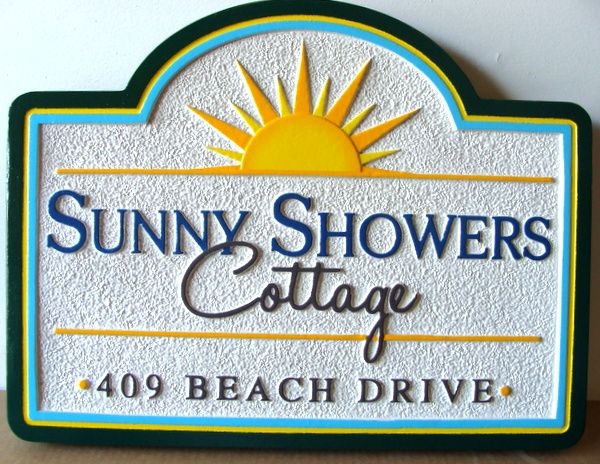 L21130 - Carved & Sandblasted HDU Beach House, "Sunny Showers Cottage", with Sun 