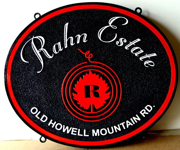 R27067 - Hanging Carved HDU Winery Sign, "Rahn Estate"