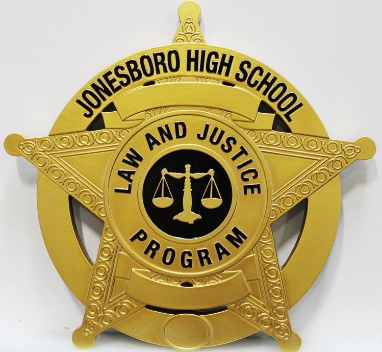 PP-1847 -  Carved 2.5-D Raised Relief HDU Plaque of the Emblem of the Law and Justice Program of Jonesboro High School