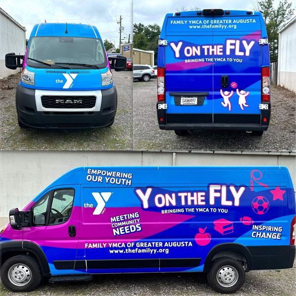 Custom vehicle wrap graphics for Greater Augusta Family Y's Y on the Fly program van