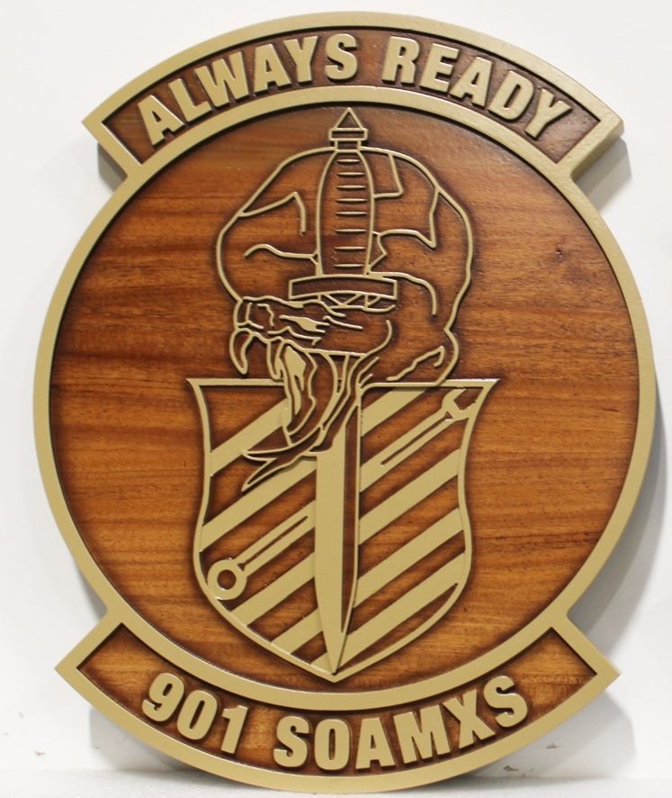 LP-3976  - Carved 2.5-D Multi-Level Raised Relief Mahogany Plaque of the Crest of the 901 Special Operations Aircraft Maintenance Squadron (901 SOAMXS). "Always Ready" 