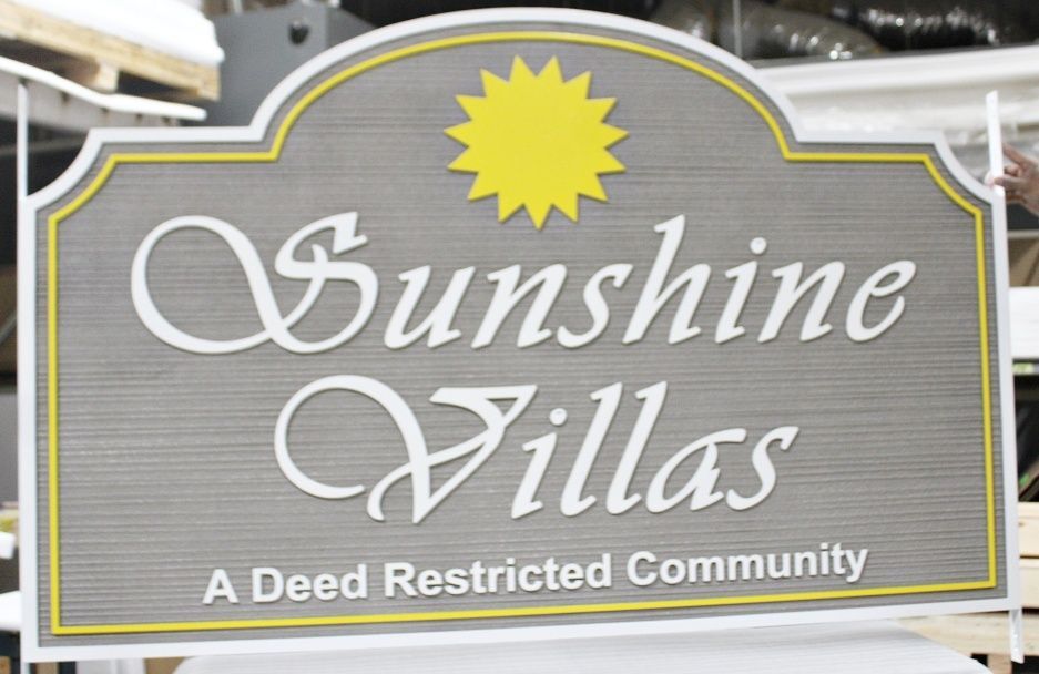 K20114 - Carved and Sandblasted HDU "Sunshine Villas" Sign with Artwork