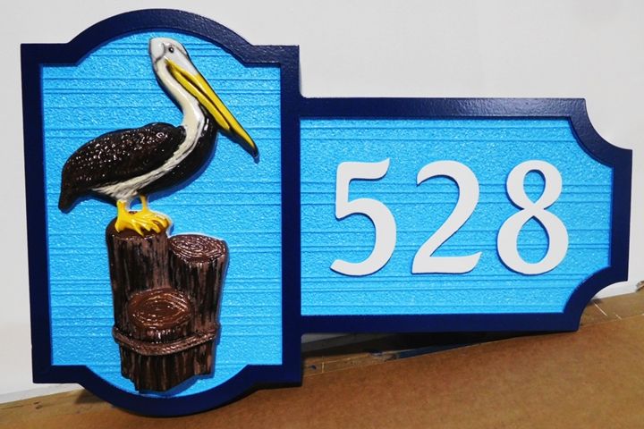 L21608 - Carved 3-D HDU Coastal Home Address  House Sign, with Brown Pelican