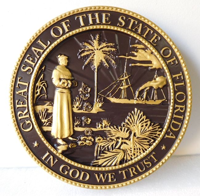 DG417 -  Carved Custom  Round Wall Plaque of the Great Seal of the State of Florida