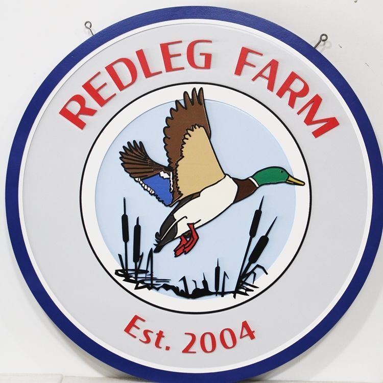 O24635 - Carved 2.5-D HDU Entrance Sign for the "Redleg Farm" featuring a Mallard Duck in Flight as Artwork