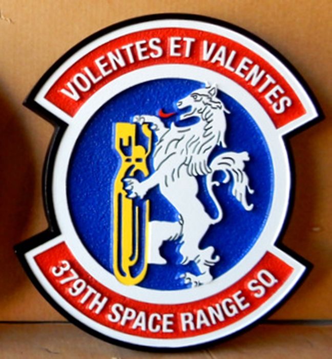 LP-7060- Carved Round Plaque of the Crest of  the 379th  Space Range Squadron, "Volentes et Valentes",  Artist Painted